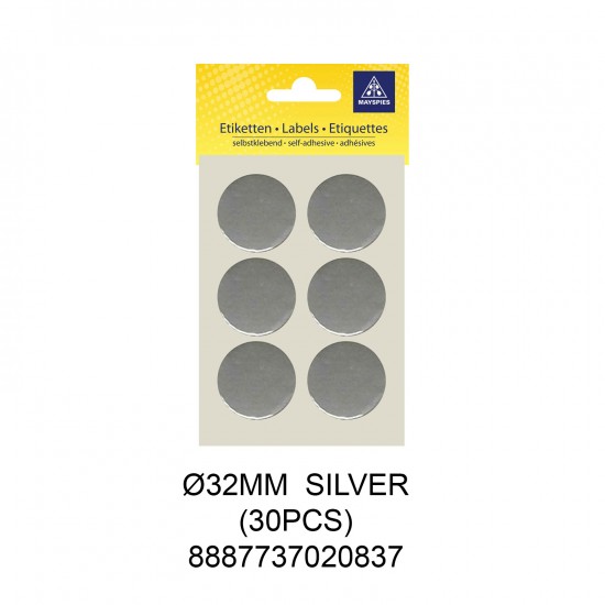 MAYSPIES MS032 COLOUR DOT LABEL / 5 SHEETS/PKT / 30PCS / ROUND 32MM SILVER